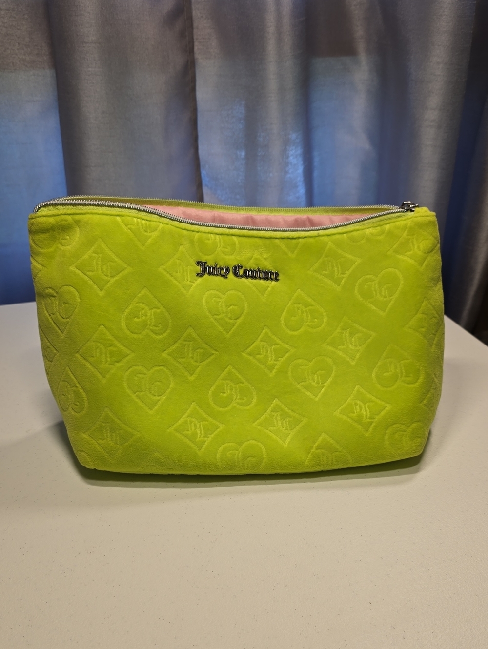 Juicy Couture Neon Lime Quilted Logo Cosmetic Pouch with Pink Lining